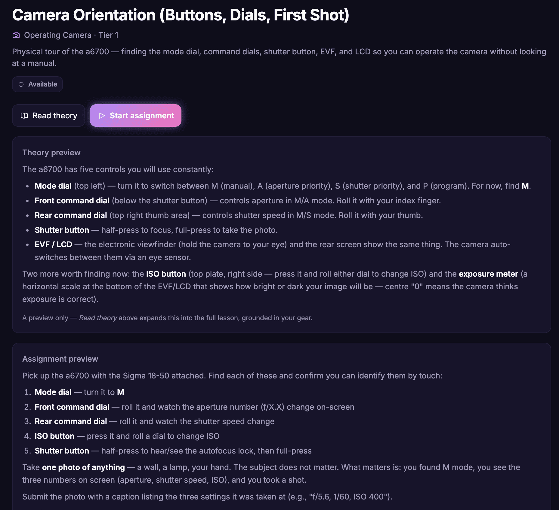 Camera Orientation topic page showing an Available status, Read Theory and Start Assignment buttons, a theory preview listing five core a6700 controls, and an assignment preview asking for one photo with its settings captioned