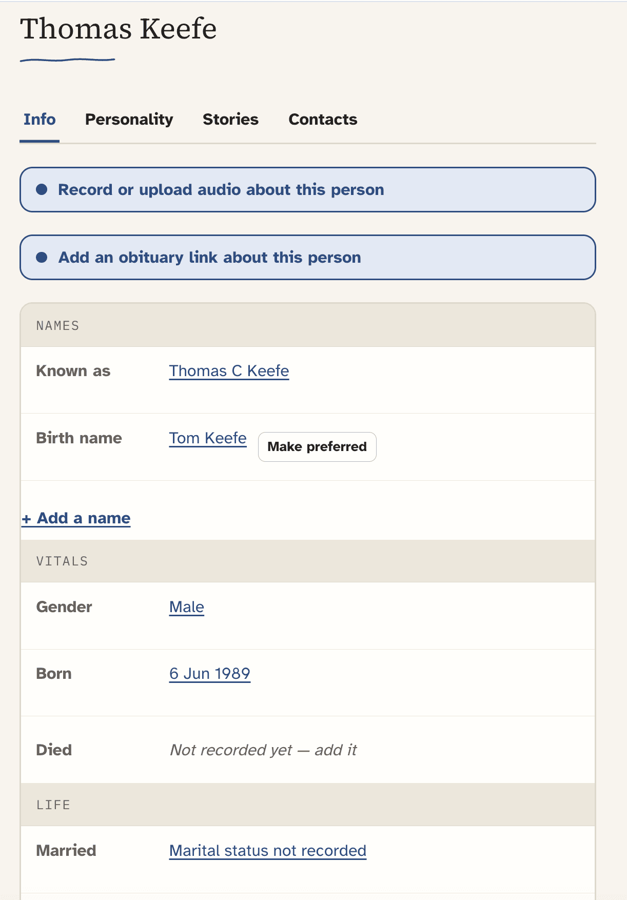 Family Tree person record with Info, Personality, Stories, and Contacts tabs, names and life details, and options to add audio or an obituary link.