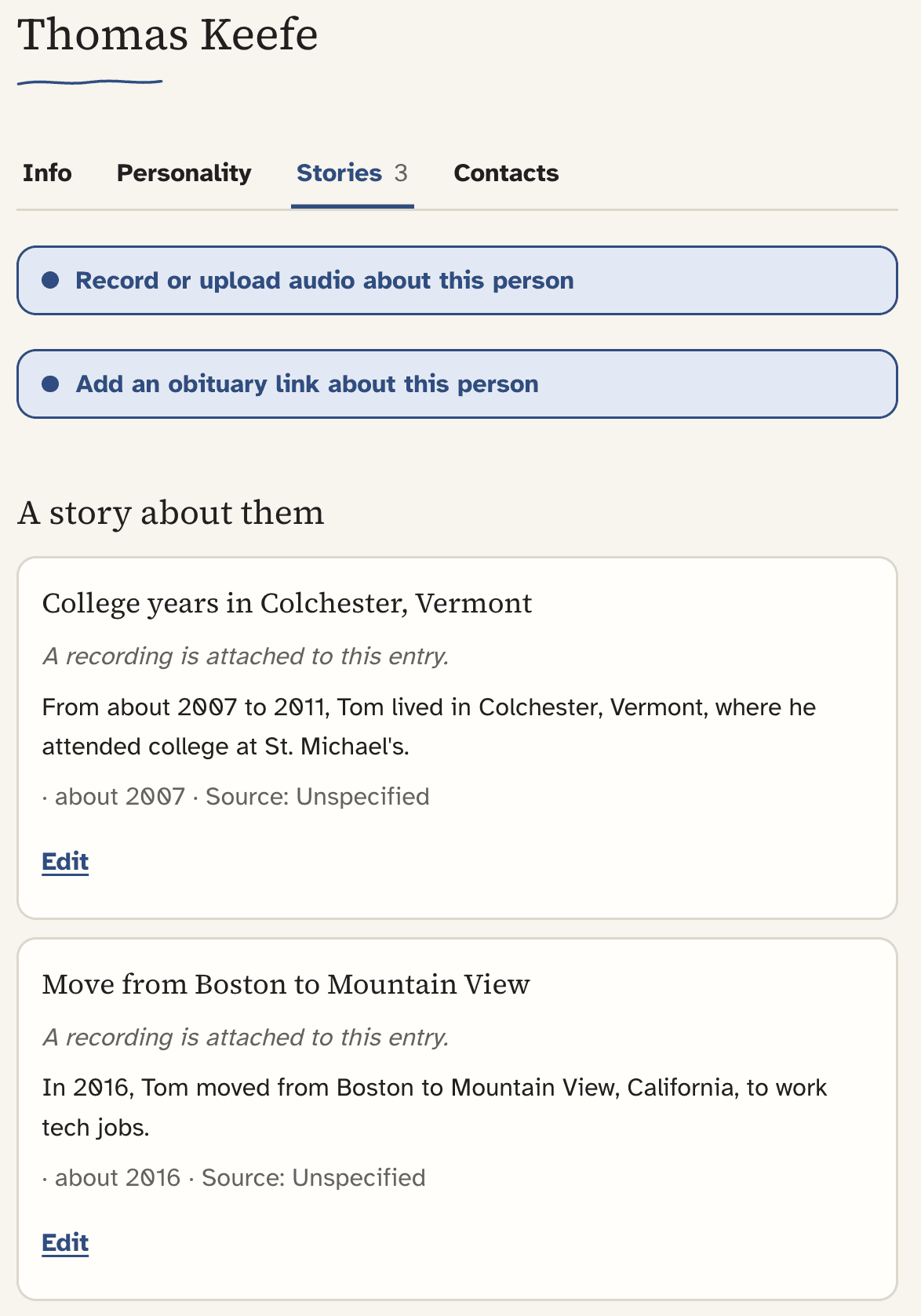 Family Tree Stories tab showing two life events with approximate dates, source fields, attached recording notes, and edit links.