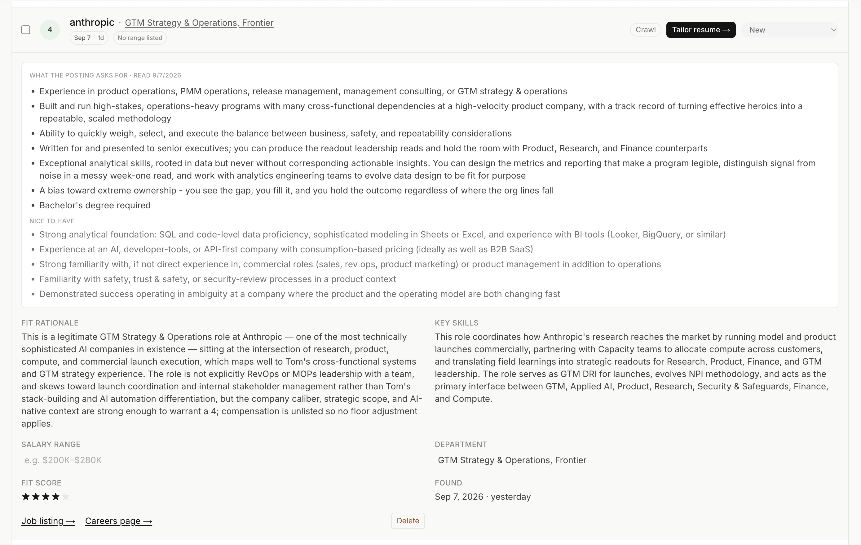 Expanded Job Search role showing the posting’s requirements and nice-to-haves, fit rationale, key skills, original listing link, and Tailor resume button.