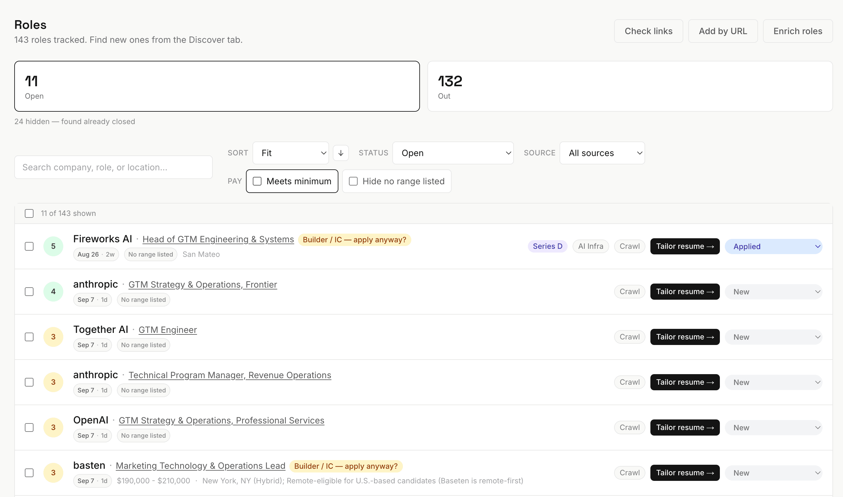 Job Search role pipeline showing fit scores, search and status filters, employer posting links, and application status controls.
