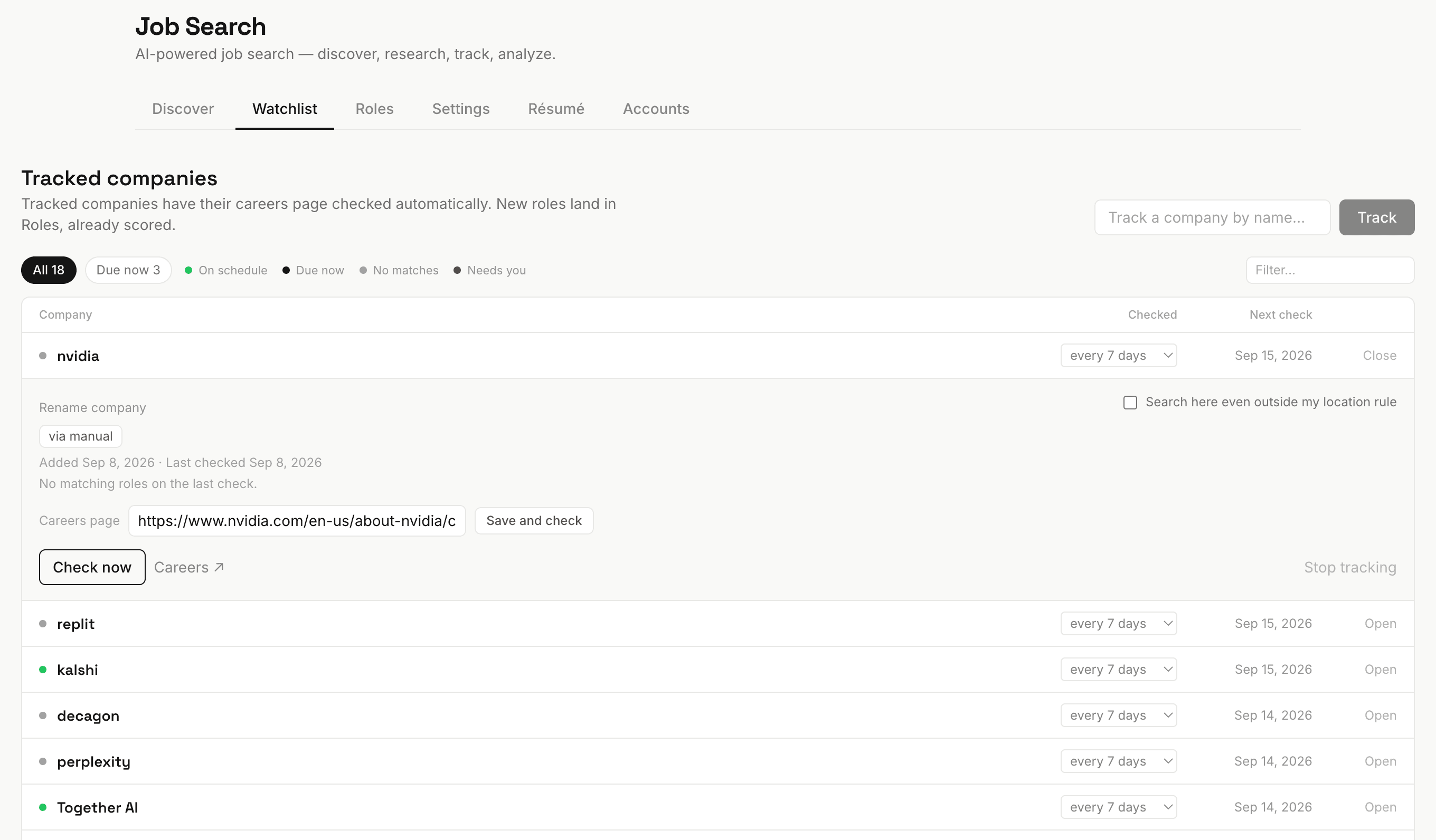 Job Search company watchlist showing scheduled checks and an expanded company row with its careers page, check interval, and manual check control.