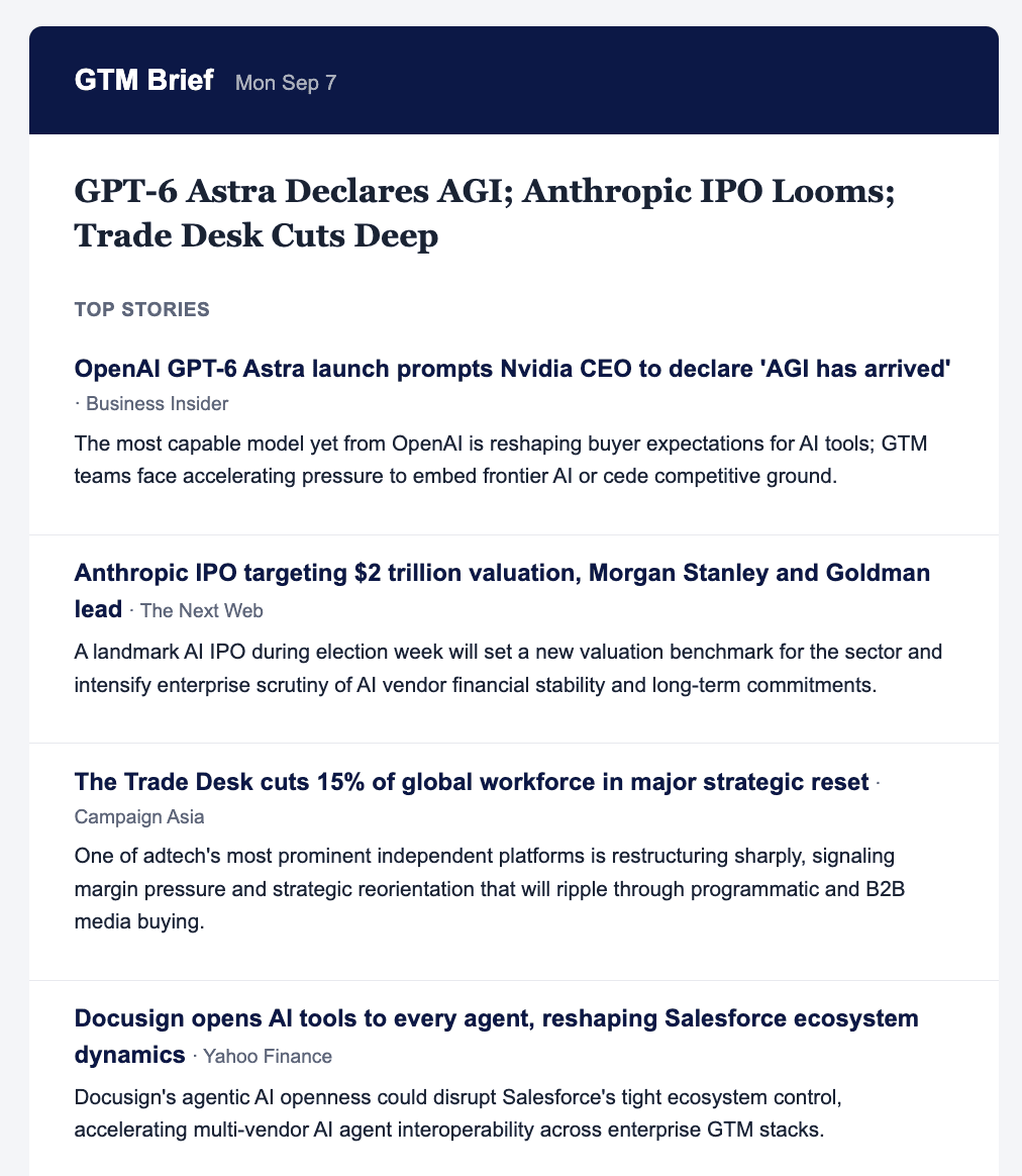A GTM Brief email with a daily headline, top stories, source names, and short explanations of why each story matters.
