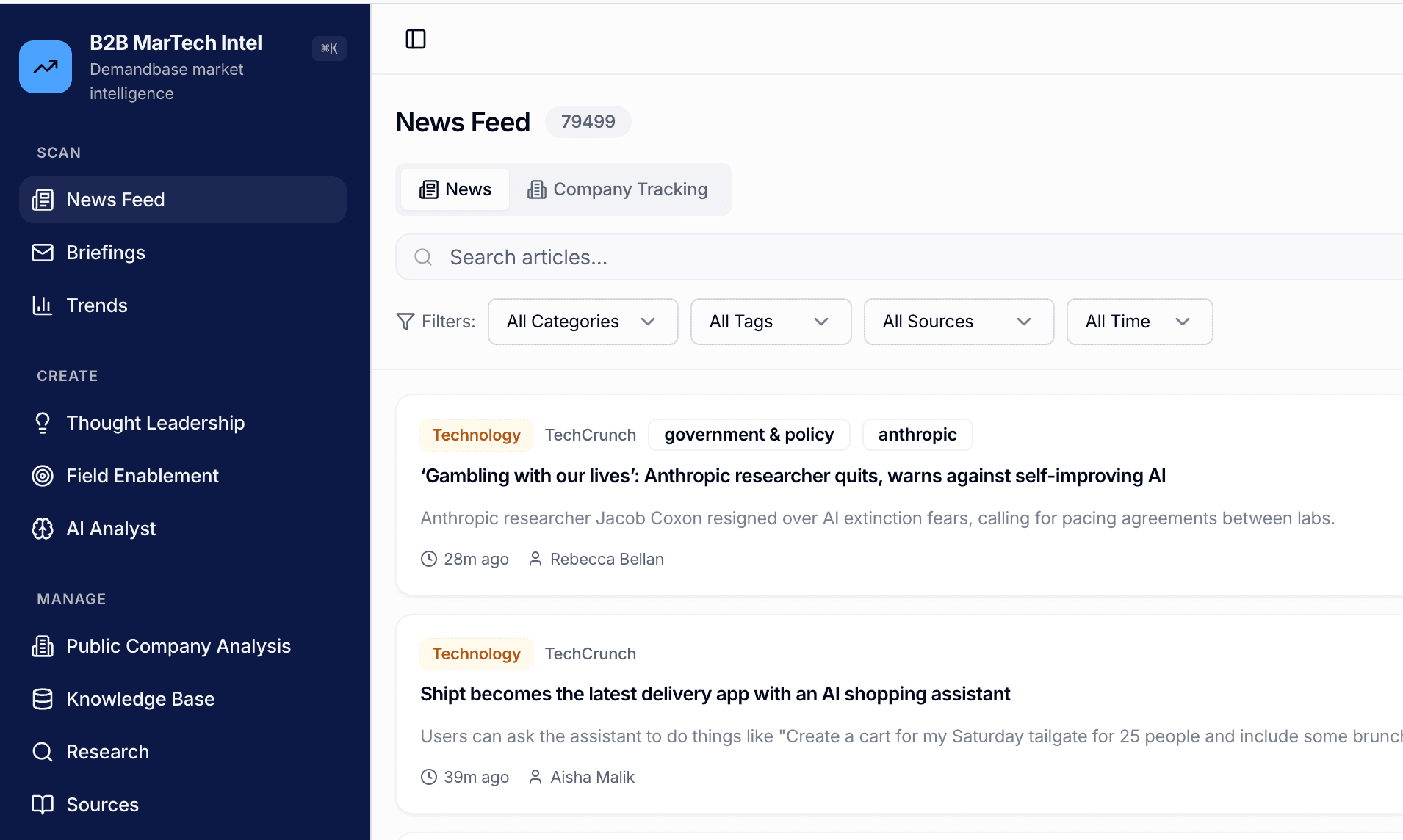 MarTech Intel showing article search, category, tag, source and date filters, a company tracking tab, and the news feed.