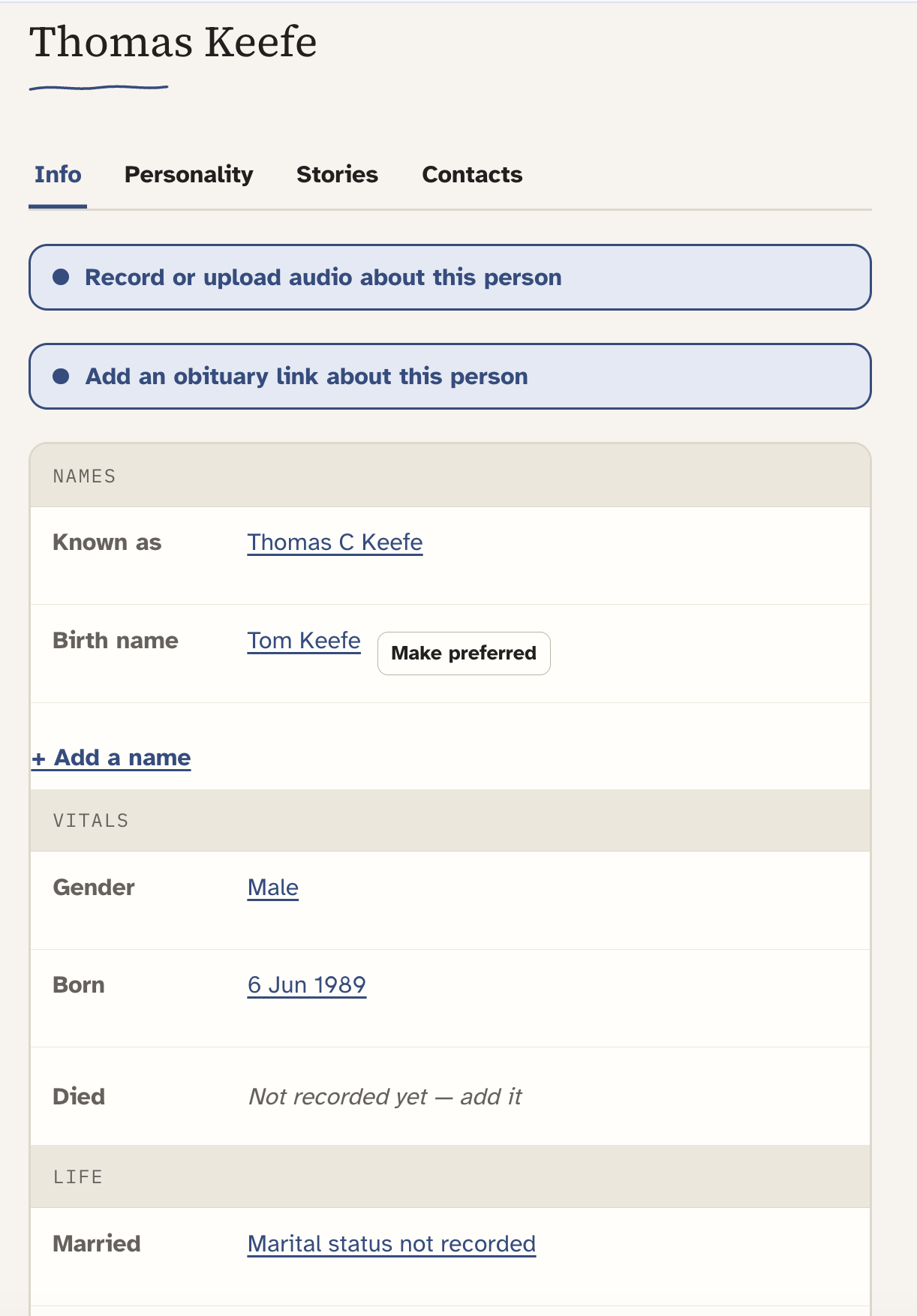 Family Tree person record with Info, Personality, Stories, and Contacts tabs, names and life details, and options to add audio or an obituary link.