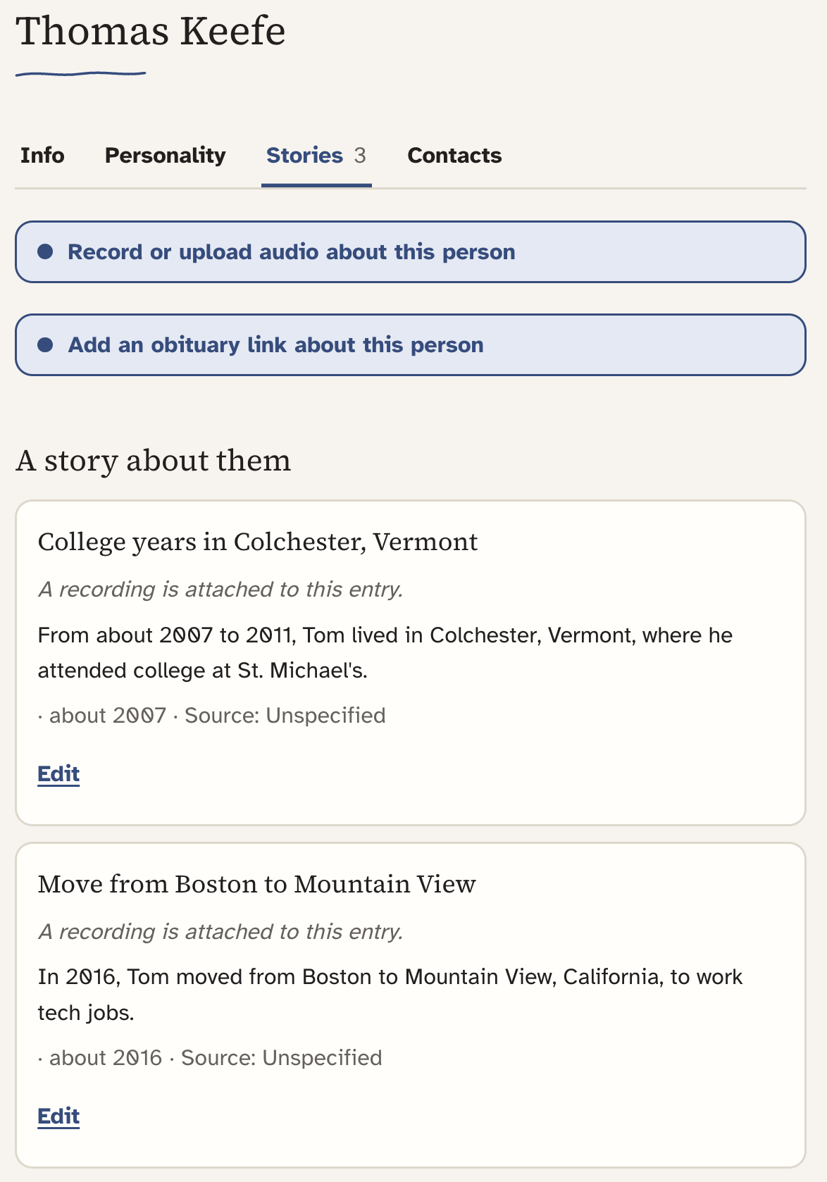 Family Tree Stories tab showing two life events with approximate dates, source fields, attached recording notes, and edit links.