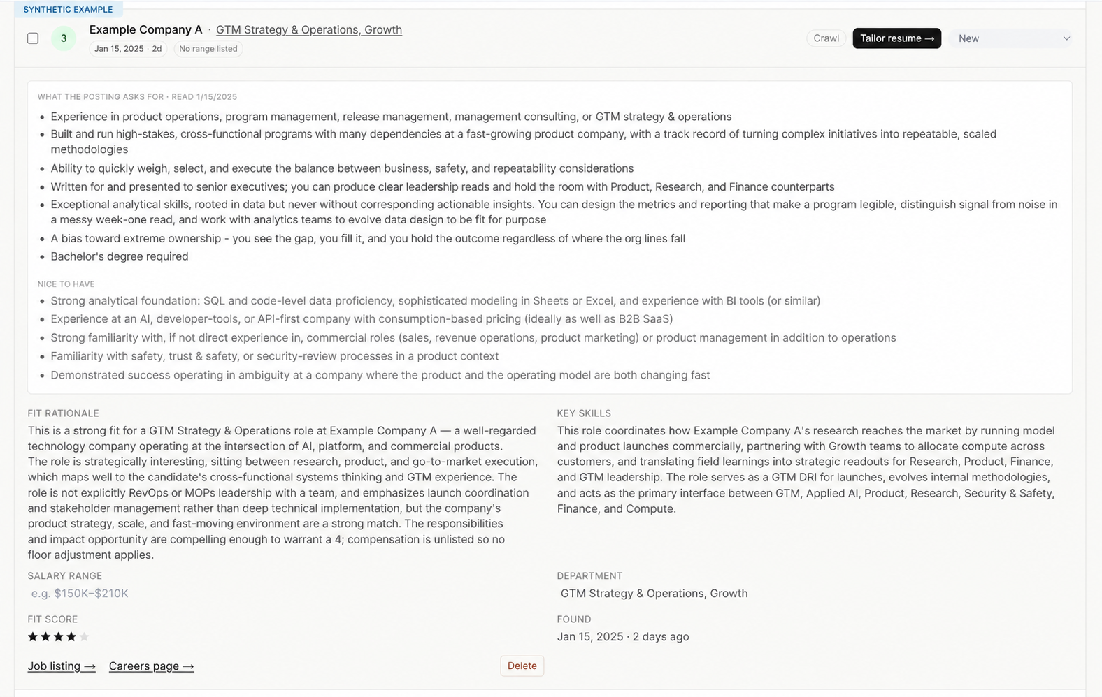 Synthetic illustration: Expanded Job Search role showing the posting’s requirements and nice-to-haves, fit rationale, key skills, original listing link, and Tailor resume button.