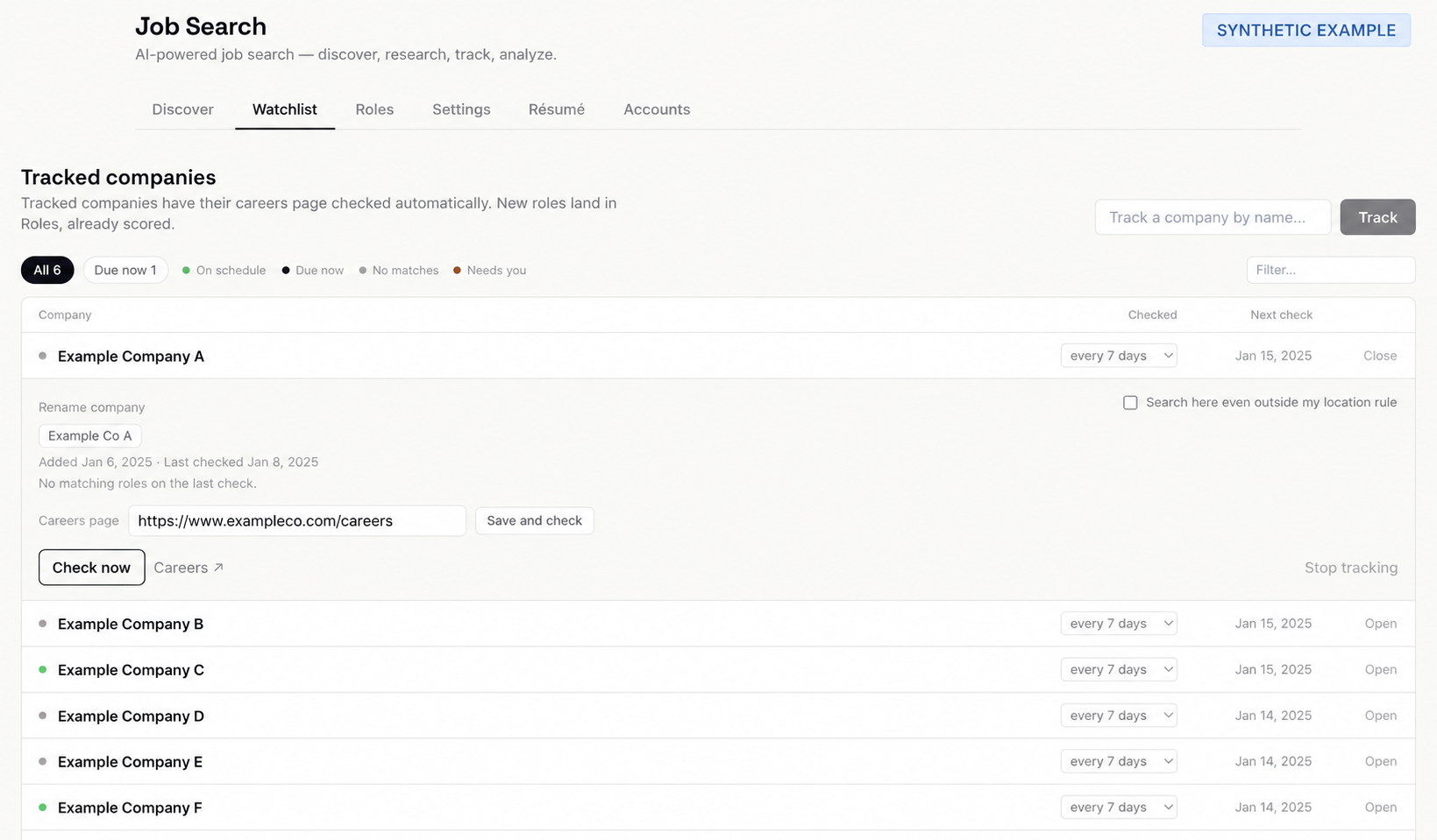 Synthetic illustration: Job Search company watchlist showing scheduled checks and an expanded company row with its careers page, check interval, and manual check control.