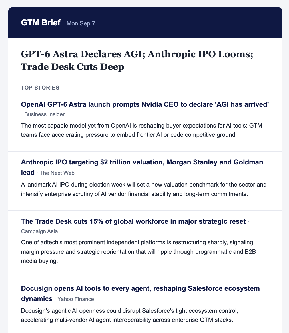 A GTM Brief email with a daily headline, top stories, source names, and short explanations of why each story matters.